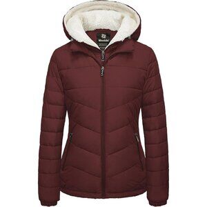 Women's Fabric Fleece Hooded Wine Red Puffer Quilted Jacket Coats Winter Warm
